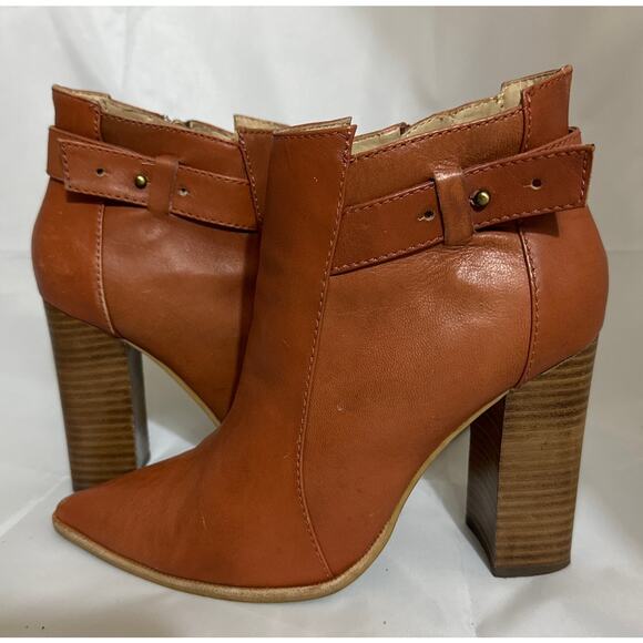 Steven Steve Madden Klick Cognac Leather Pointed Toe Block Heel Boots size 8 - Picture 1 of 11